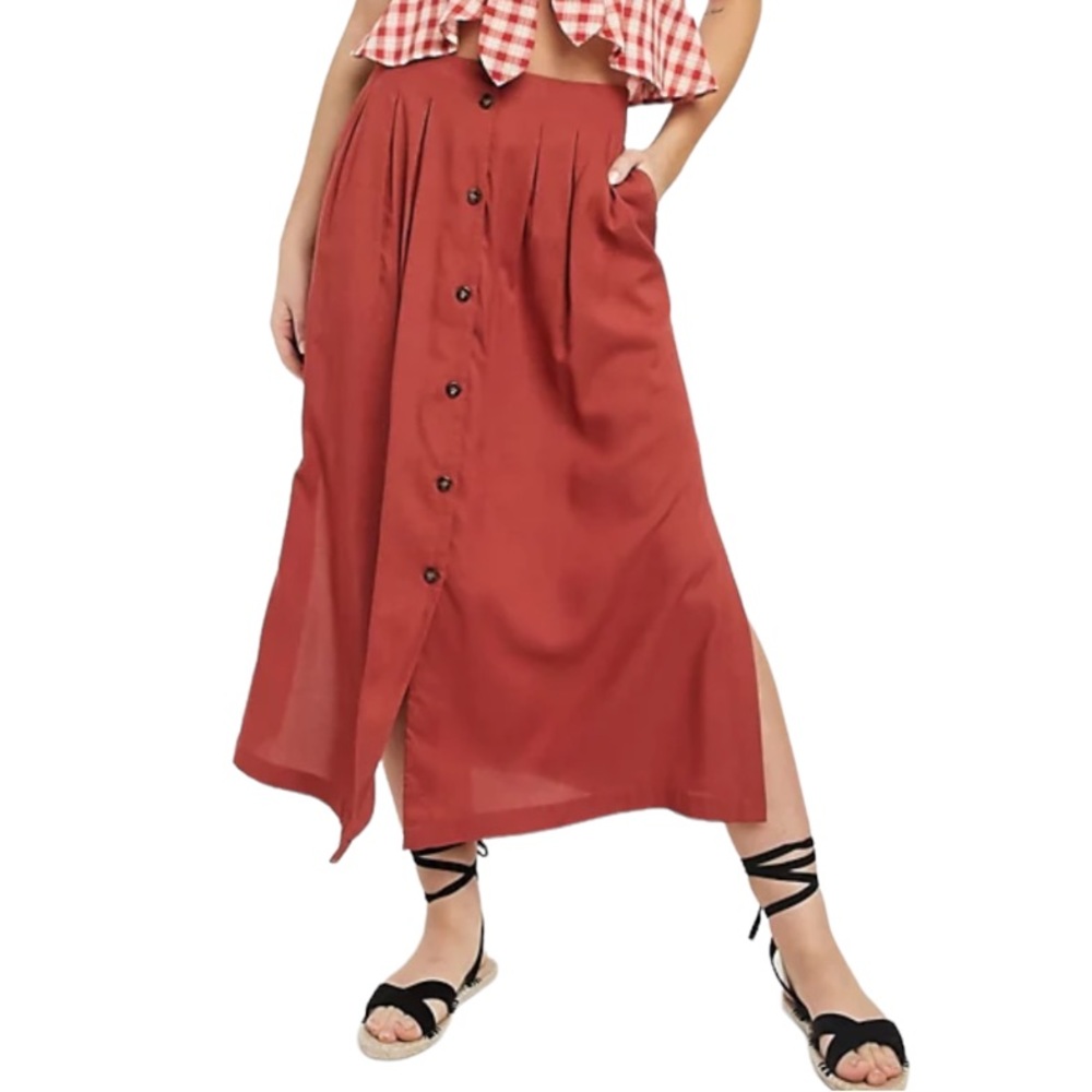🖤 Forever 21 Contemporary Brick Red Button Down Square Pockets Split Skirt